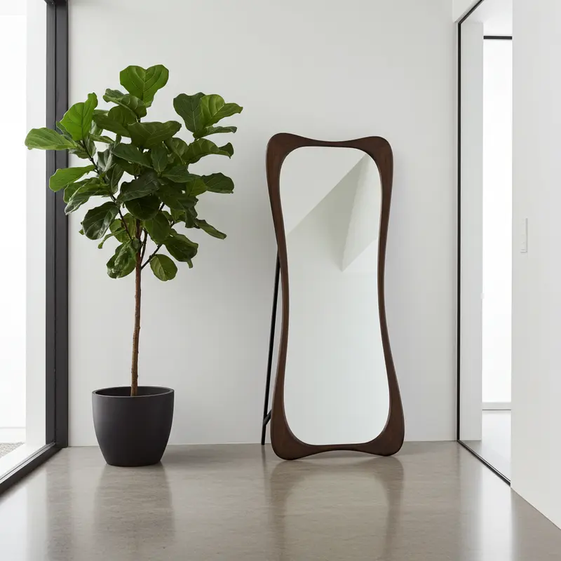 מראה אמורפית מעץ מלא כהה מראת גוף יוקרתית עם רגל תומכת