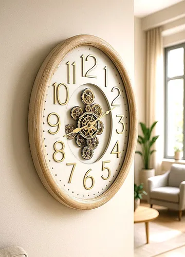 שעון קיר גלגלי שיניים אובלי מעץ מולבן 67*50 ס"מ