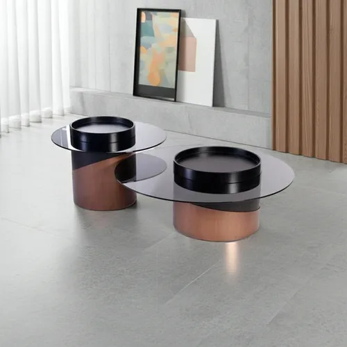 סט שולחנות סלון דואט  זכוכית ובסיס מתכת עגול