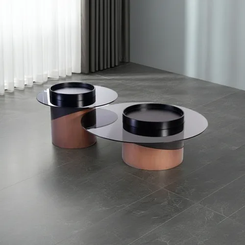 סט שולחנות סלון דואט  זכוכית ובסיס מתכת עגול