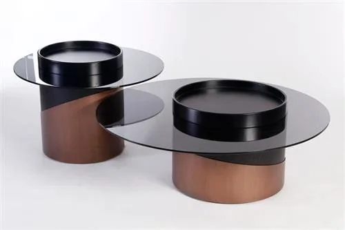 סט שולחנות סלון דואט  זכוכית ובסיס מתכת עגול