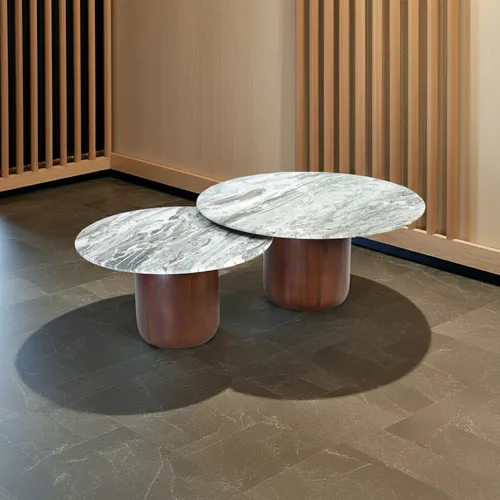 אולימפוס סט שולחנות סלון יוקרתי המשלב משטח שיש טבעי ובסיס עץ מלא