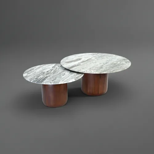 אולימפוס סט שולחנות סלון יוקרתי המשלב משטח שיש טבעי ובסיס עץ מלא