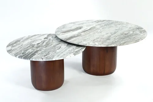 אולימפוס סט שולחנות סלון יוקרתי המשלב משטח שיש טבעי ובסיס עץ מלא