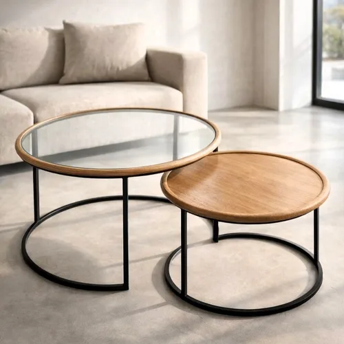 סט 2 שולחנות עגולים דגם אורין , עץ מלא וזכוכית