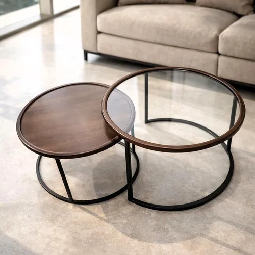 סט 2 שולחנות עגולים דגם אורין , עץ מלא וזכוכית