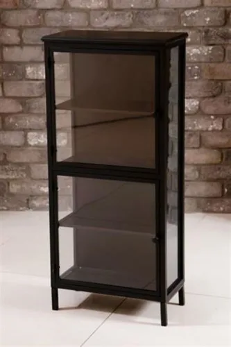 ארון ויטרינה תעשייתי צר שחור מזכוכית ומתכת