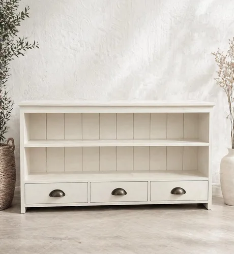 מזנון קונסולה ארז עם מגירות ומדפים לבנה