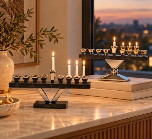 חנוכיית שיש שחור וניקל – חנוכייה מודרנית בשני עיצובים