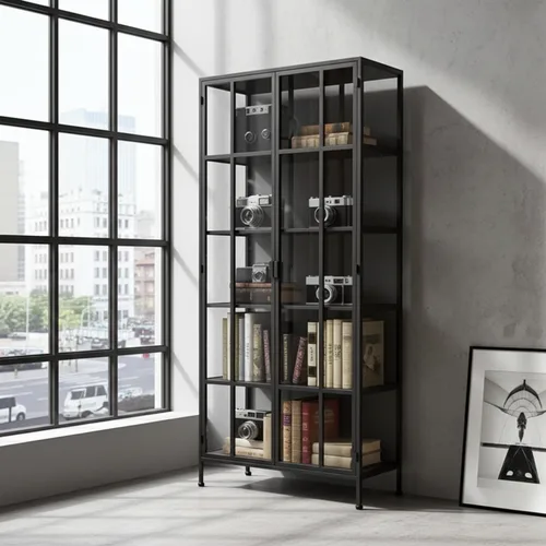 ארון ויטרינה תעשייתי מנהטן מתכת וזכוכית