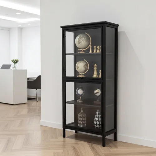 ארון ויטרינה תעשייתי צר שחור מזכוכית ומתכת