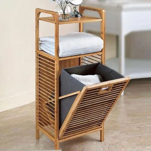 מעמד כביסה מעוצב מעץ במבוק בשילוב מדף