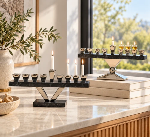 חנוכיית שיש שחור וניקל – חנוכייה מודרנית בשני עיצובים